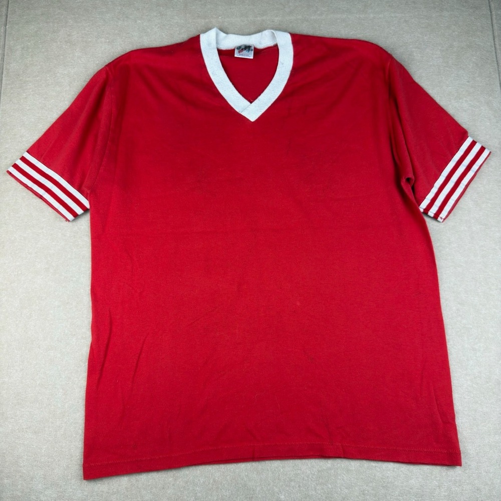 Vintage Jerzees 1988 Poultry Inc Family Picnic Ringer Tee‎ Red XL USA